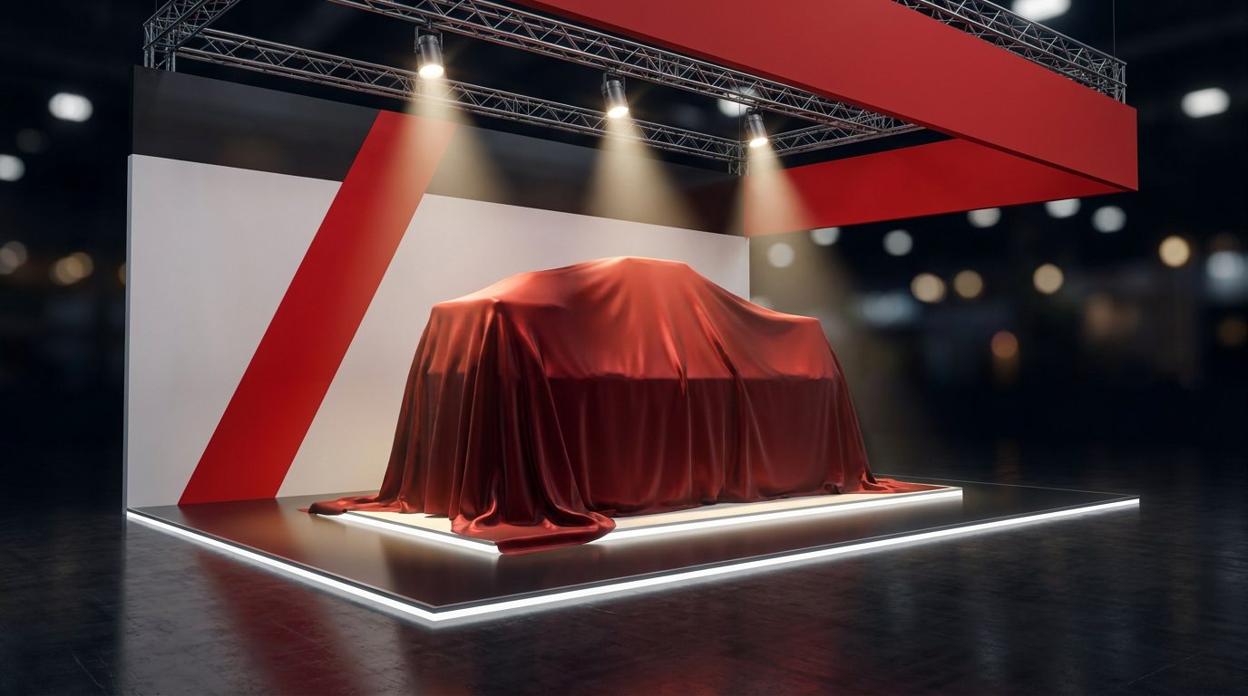The new Sieger product under a red cloth on the lit plinth of the Sieger stall, under three spotlights